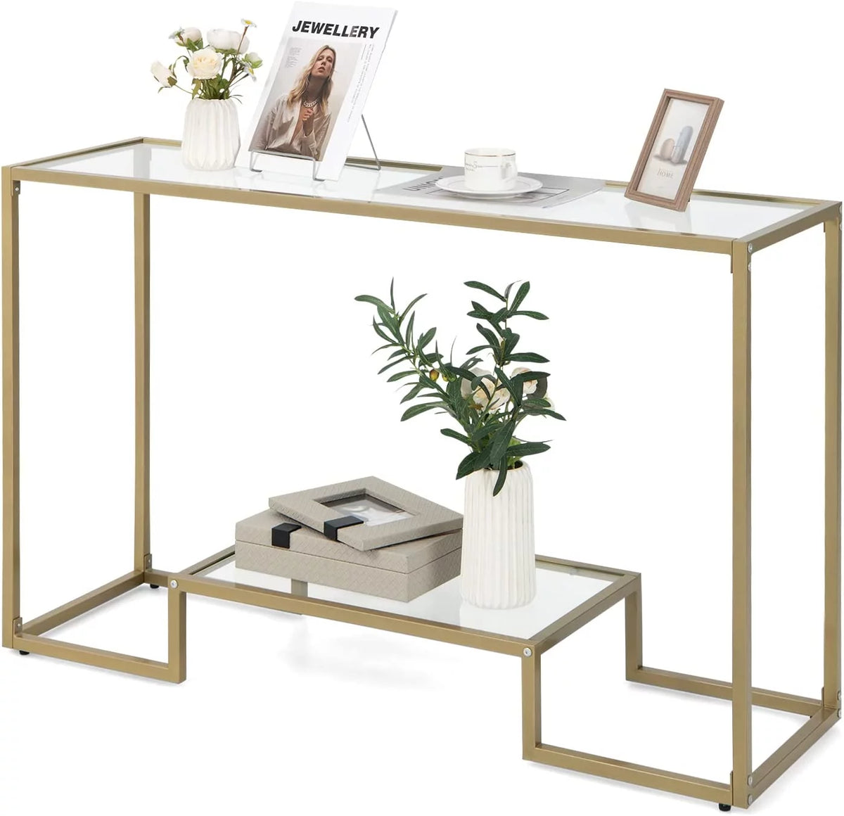 48” 2-Tier Console Table with Tempered Glass Tabletop & Golden Metal Frame O186505