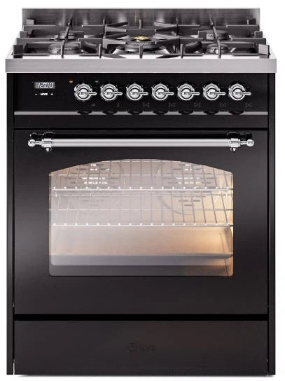 30 Dual Fuel Propane Gas Range in Black with Chrome Trim F278