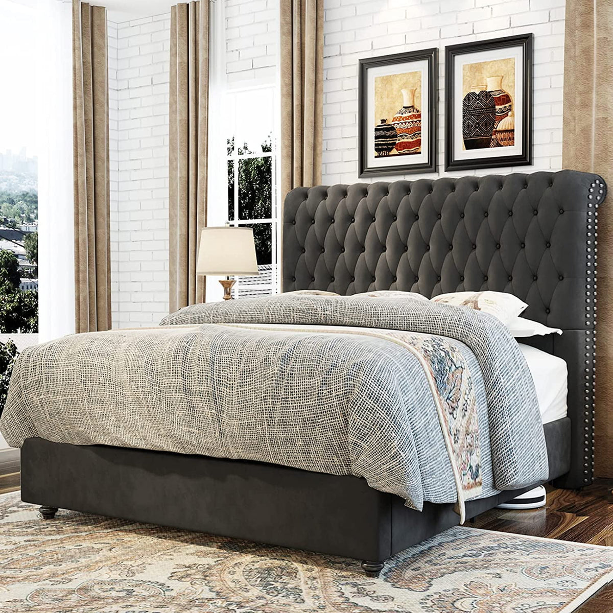 King Size Velvet Upholstered Platform Bed Frame D870