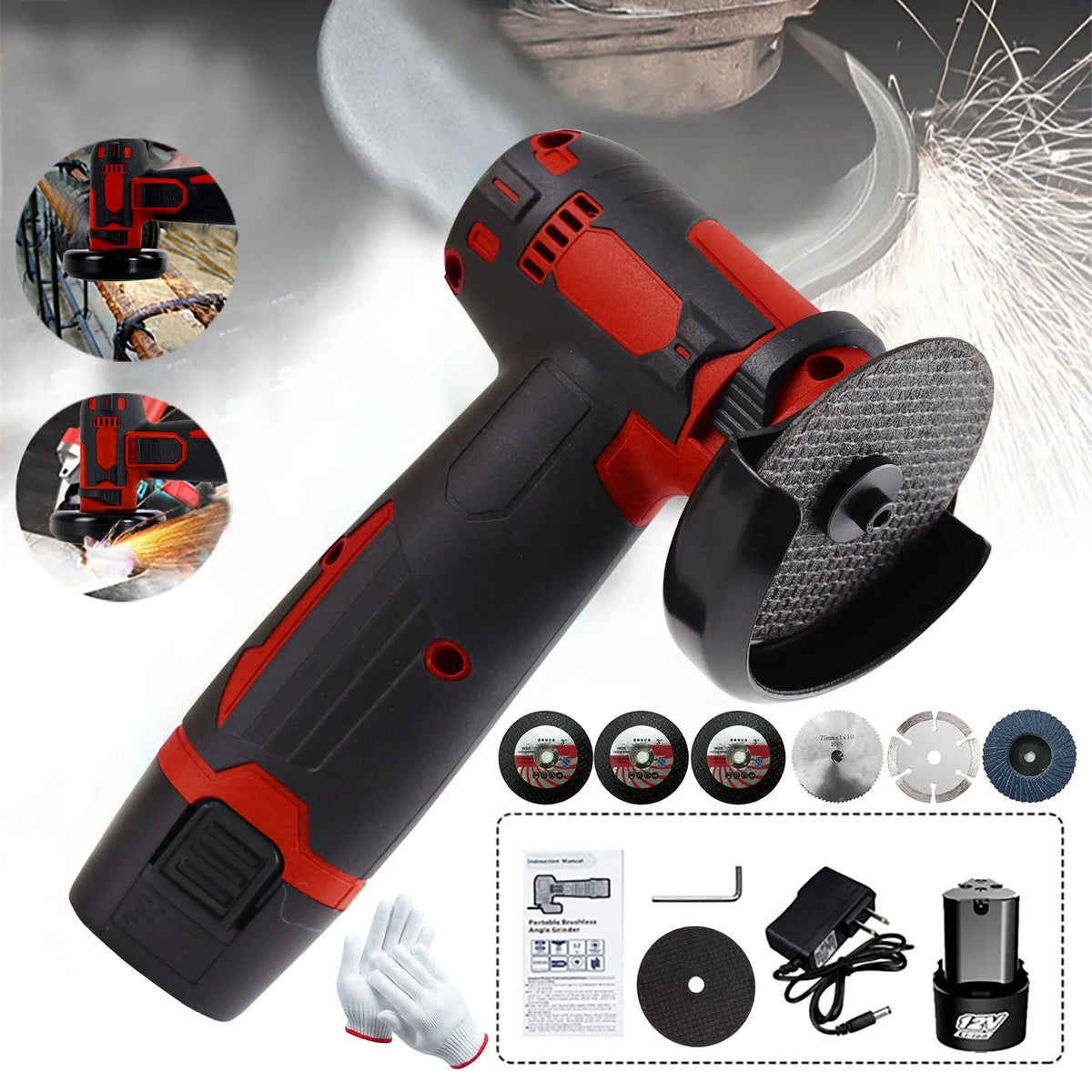 12V Cordless Angle Grinder Kit 3 Inch 19500 rpm with 2 1300mAh Lithium-Ion Battery T54658