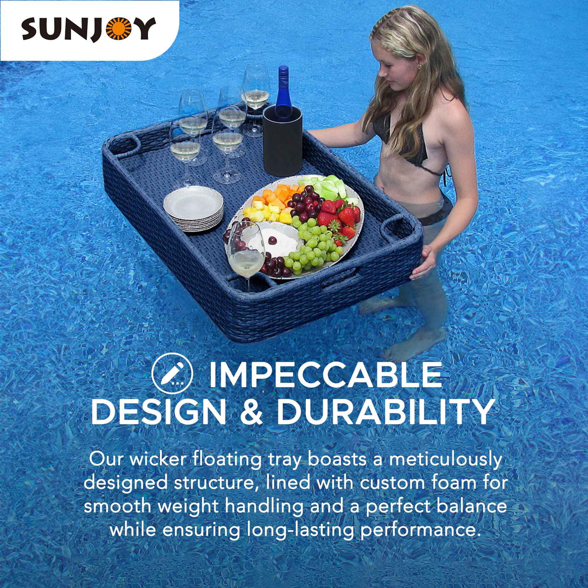 Navy Wicker Floating Pool Tray with Aluminum Frame T145411