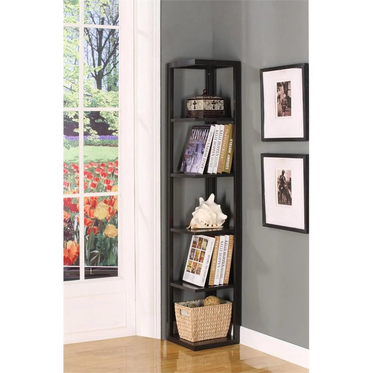 5-Tier Corner Wood Bookcase in Walnut R85947