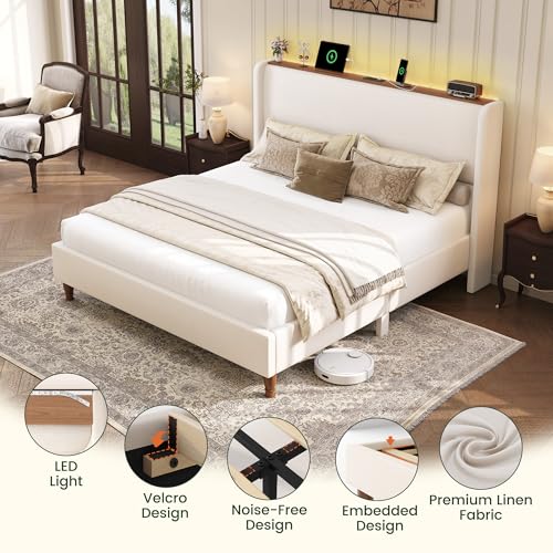 Queen Size Linen Upholstered Platform Bed Frame with Storage Shelf O889