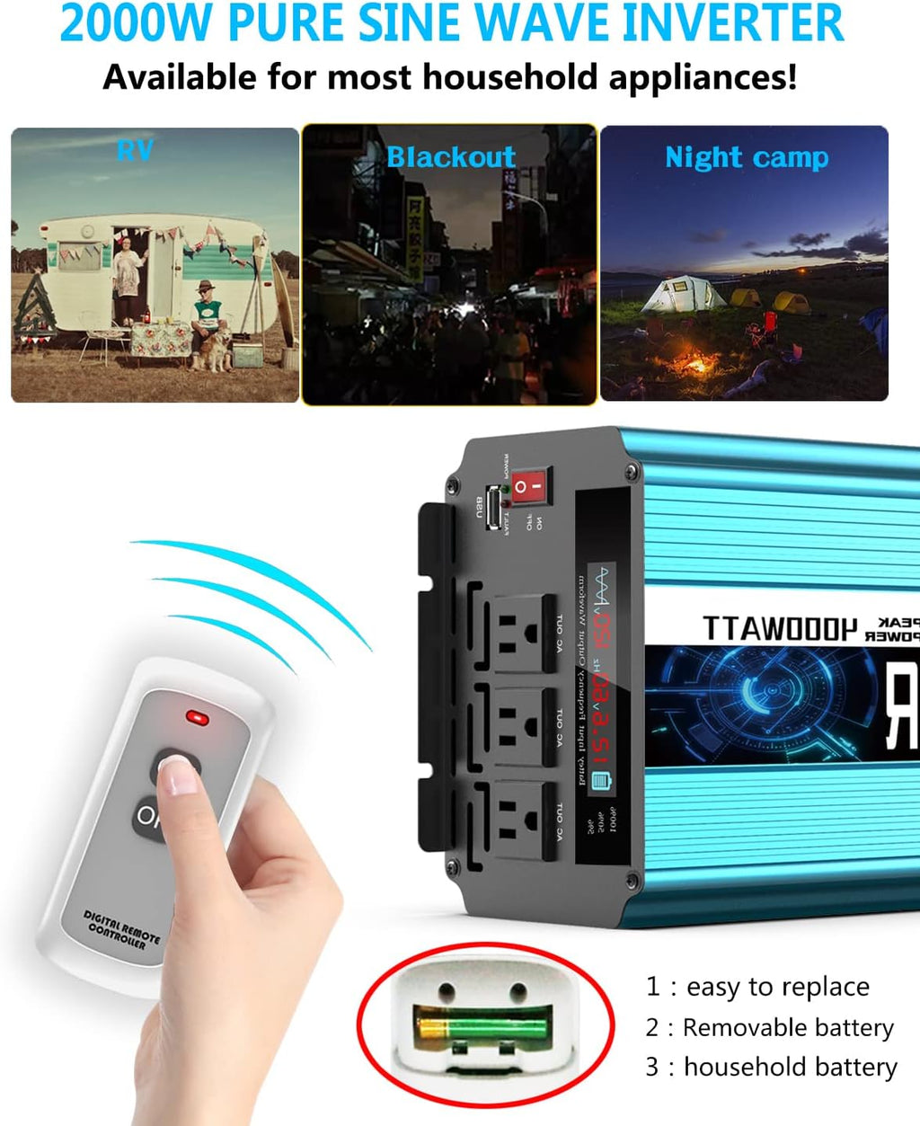 2000W Pure Sine Wave Power Inverter 12V DC to AC 110V/120V Converter with LCD Display F531591