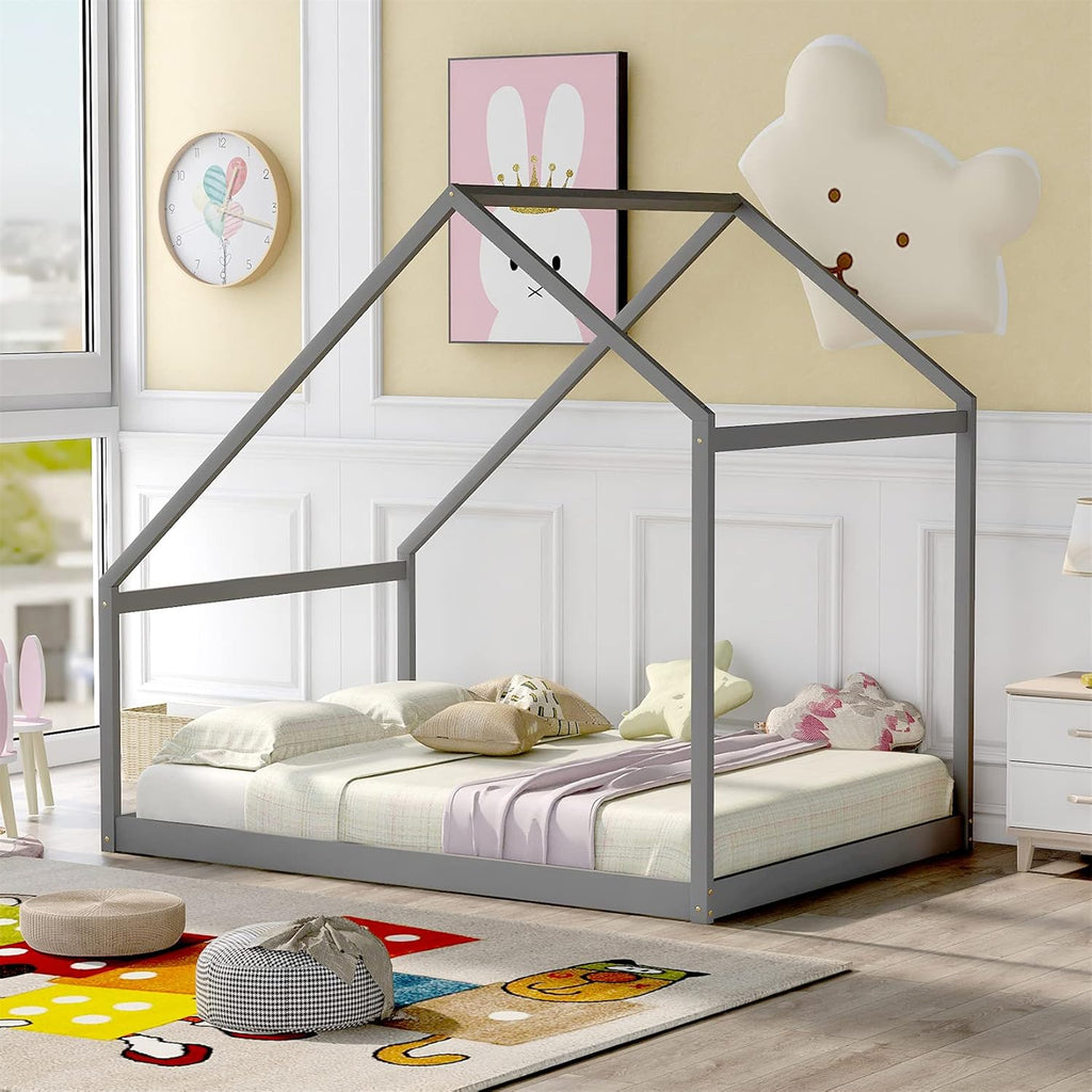 White Wood Twin Size House Bed Frame with Trundle K697995