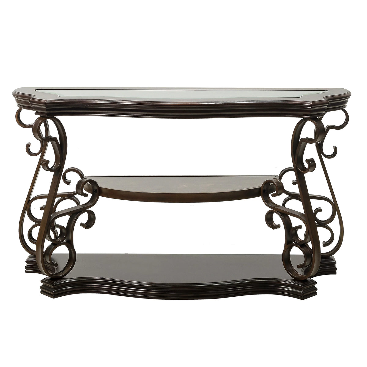 Sofa Table with Glass Table Top, Shelf, Metal Legs T6682