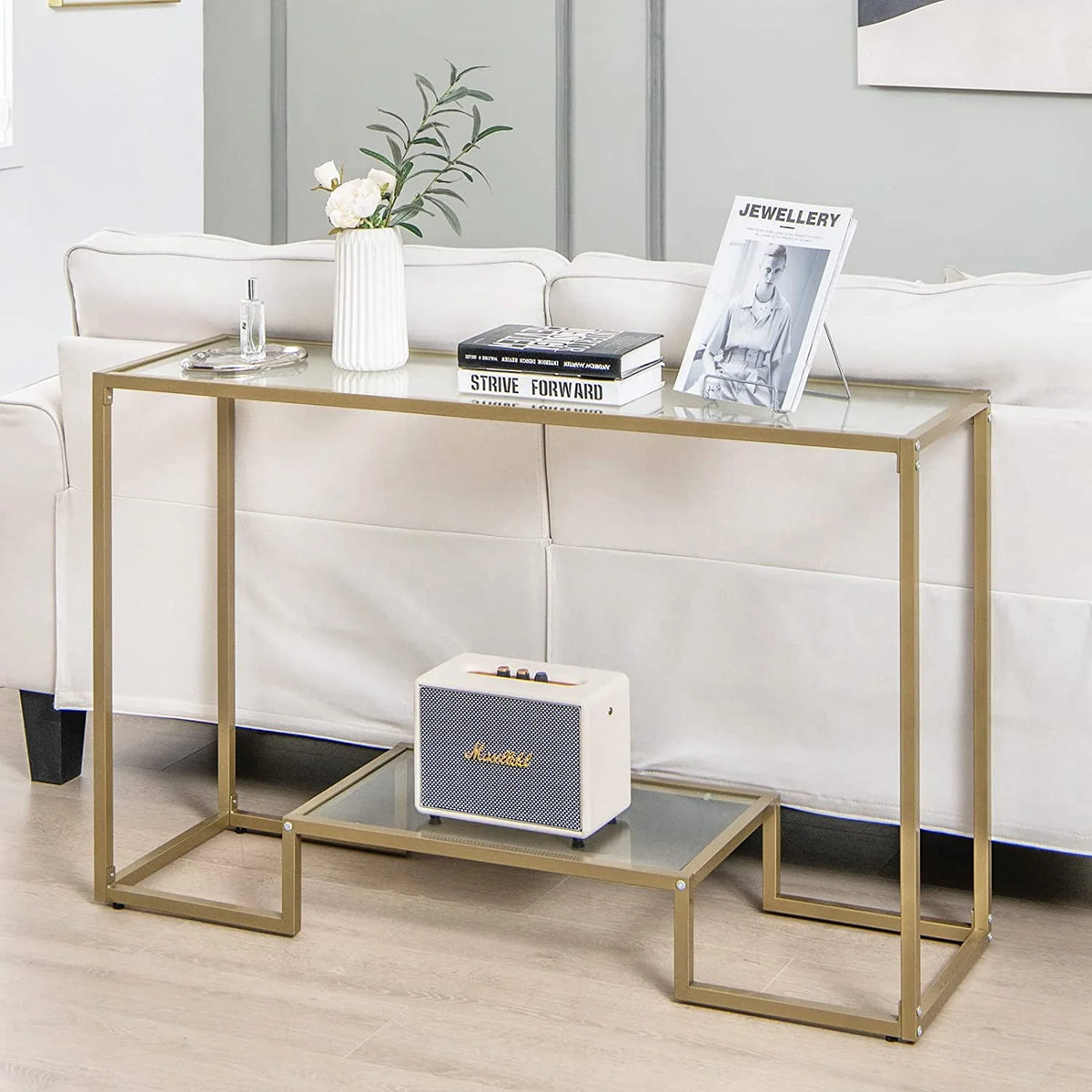 48” 2-Tier Console Table with Tempered Glass Tabletop & Golden Metal Frame O186505