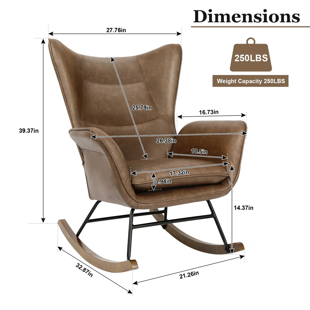 Brown PU Leather Rocker Glider Chair with Wooden Base J403348