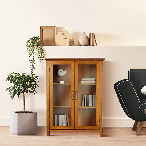 Oiled Oak Wooden Freestanding Floor Cabinet with 2 Adjustable Shelves and 2 Glass Paneled Doors U2275
