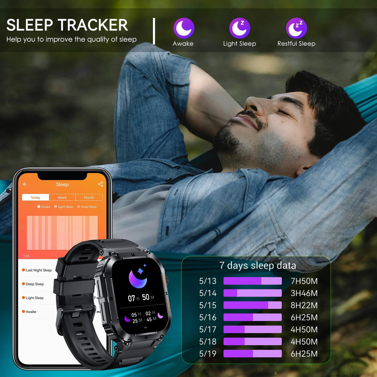 Rugged Tactical Smart Watch with 1.96'' HD Outdoor Fitness Tracker M367533