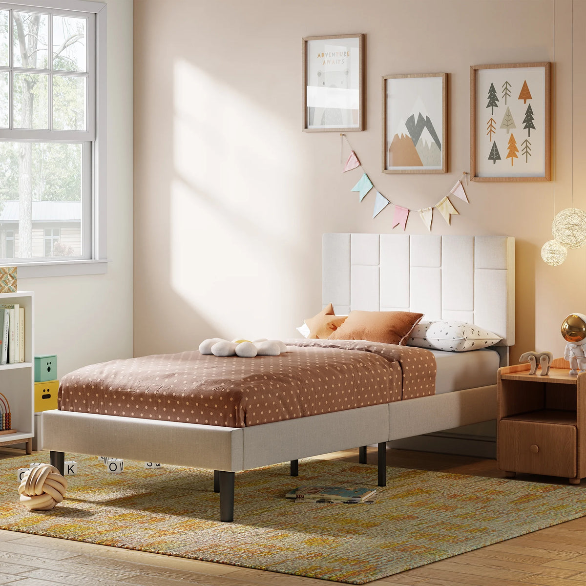 Beige Upholstered Twin Bed Frame E5593