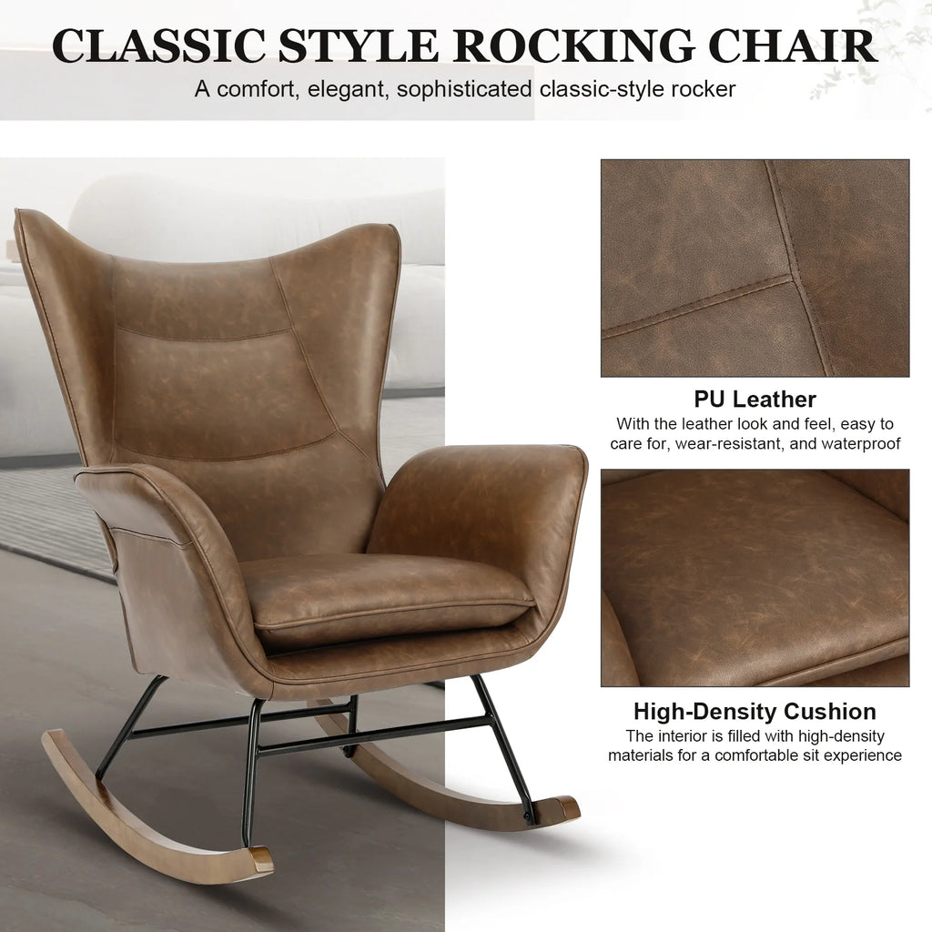 Brown PU Leather Rocker Glider Chair with Wooden Base J403348
