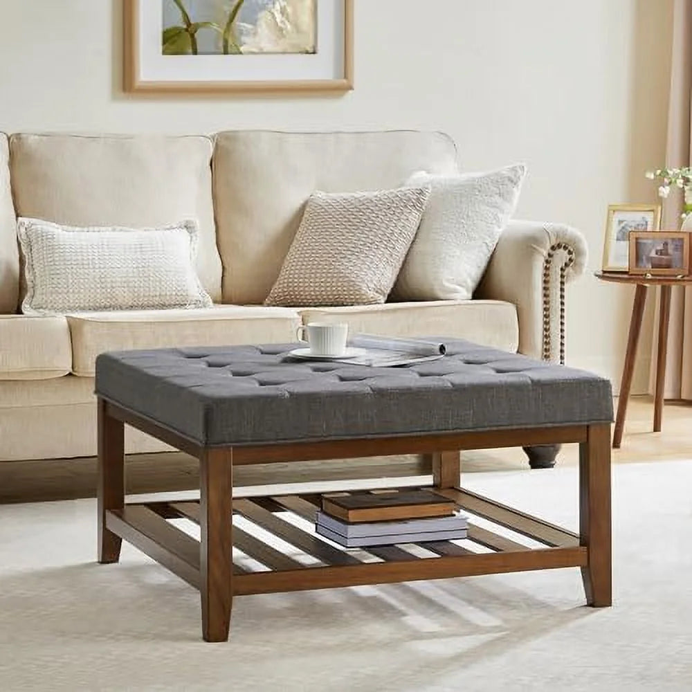 Square Ottoman Coffee Table with Button Tufted Upholstered Linen Wooden Stool Footrest Light Be S28720