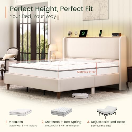 Queen Size Linen Upholstered Platform Bed Frame with Storage Shelf O889