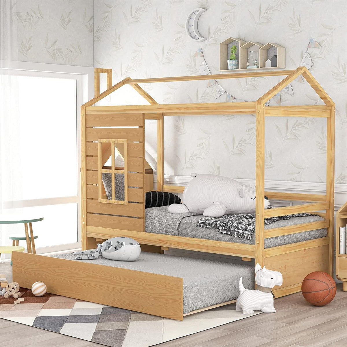 White Wood Twin Size House Bed Frame with Trundle K697995