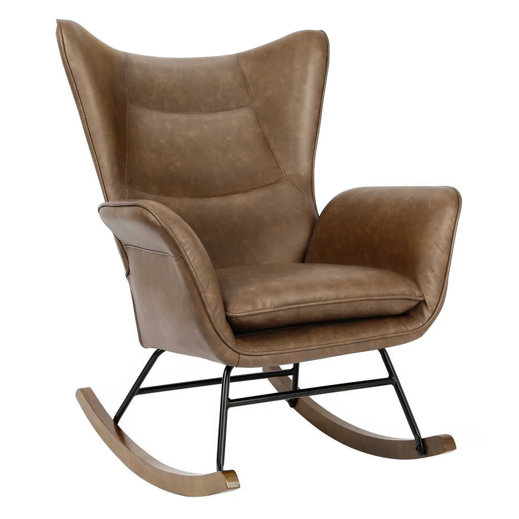 Brown PU Leather Rocker Glider Chair with Wooden Base J403348