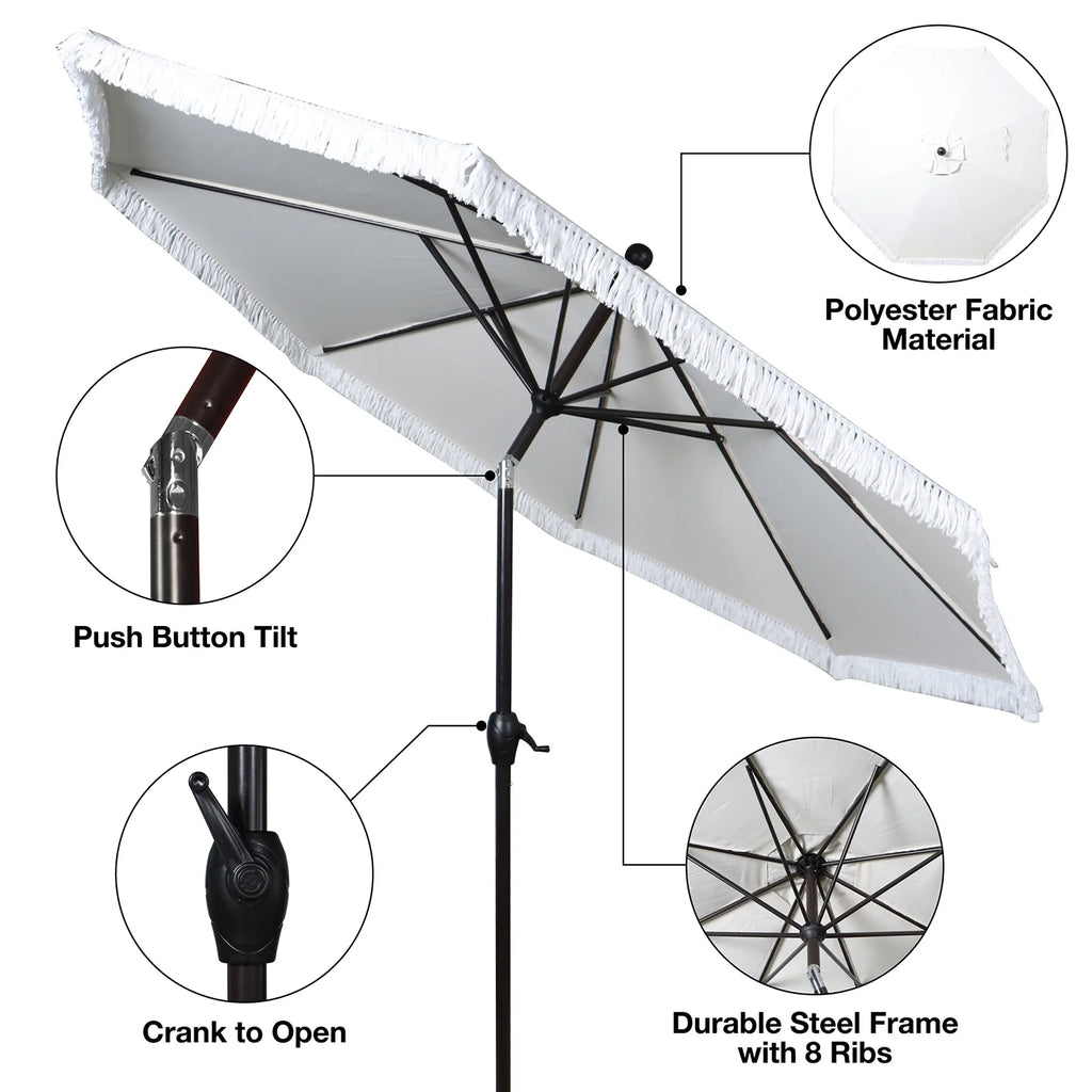 9' Cream Fringe Round Crank Patio Umbrella W8379