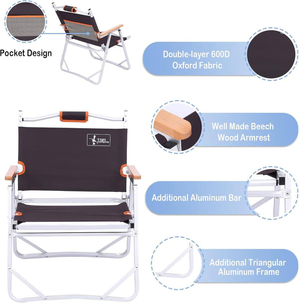 Camping Beach Chair, Heavy Duty Triangular Frame, Easy Folding with Portable Bag and Back Pocket, Dark Brown D11221