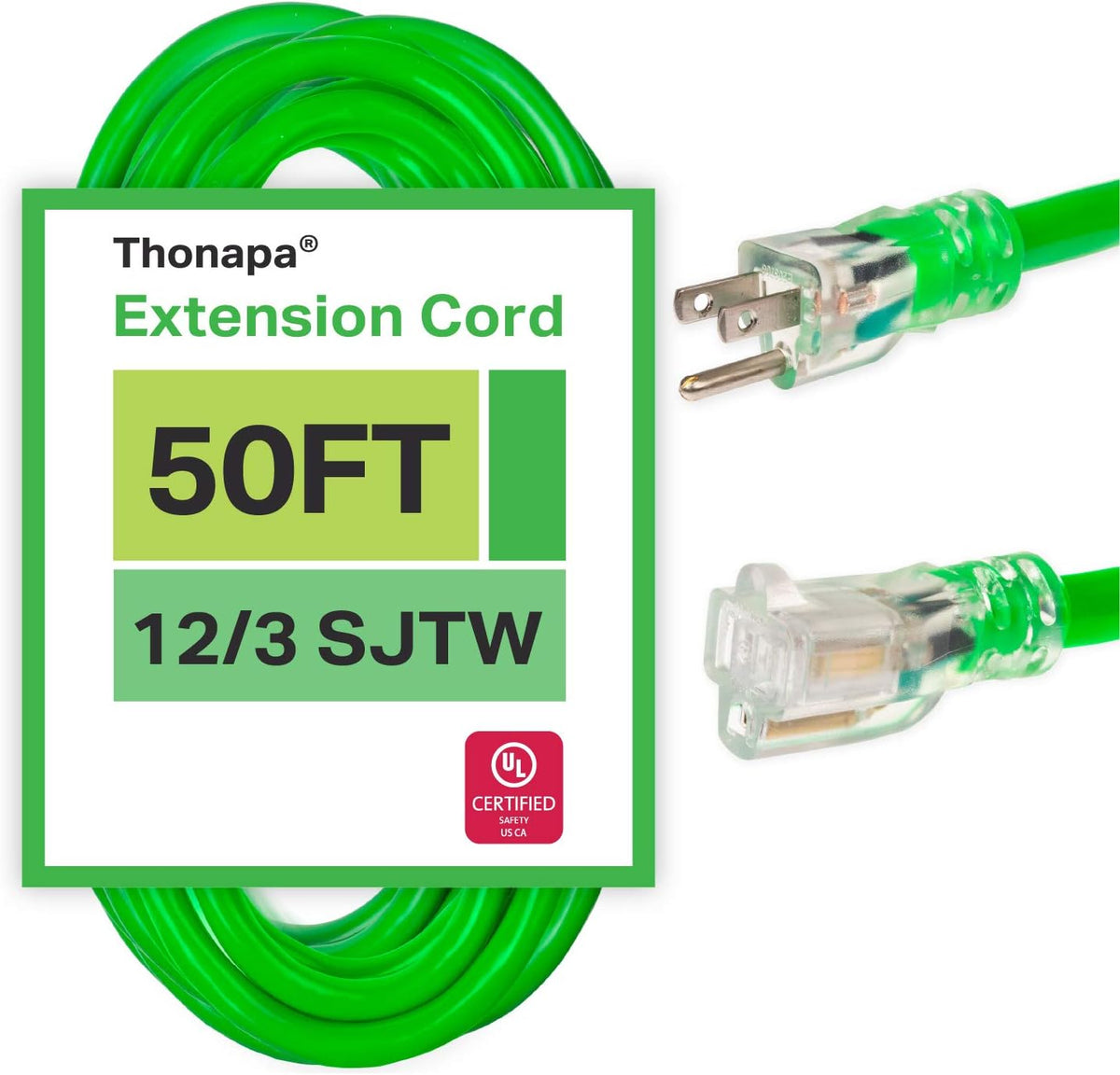50 Foot 12/3 Heavy Duty Neon Green Extension Cord I4599