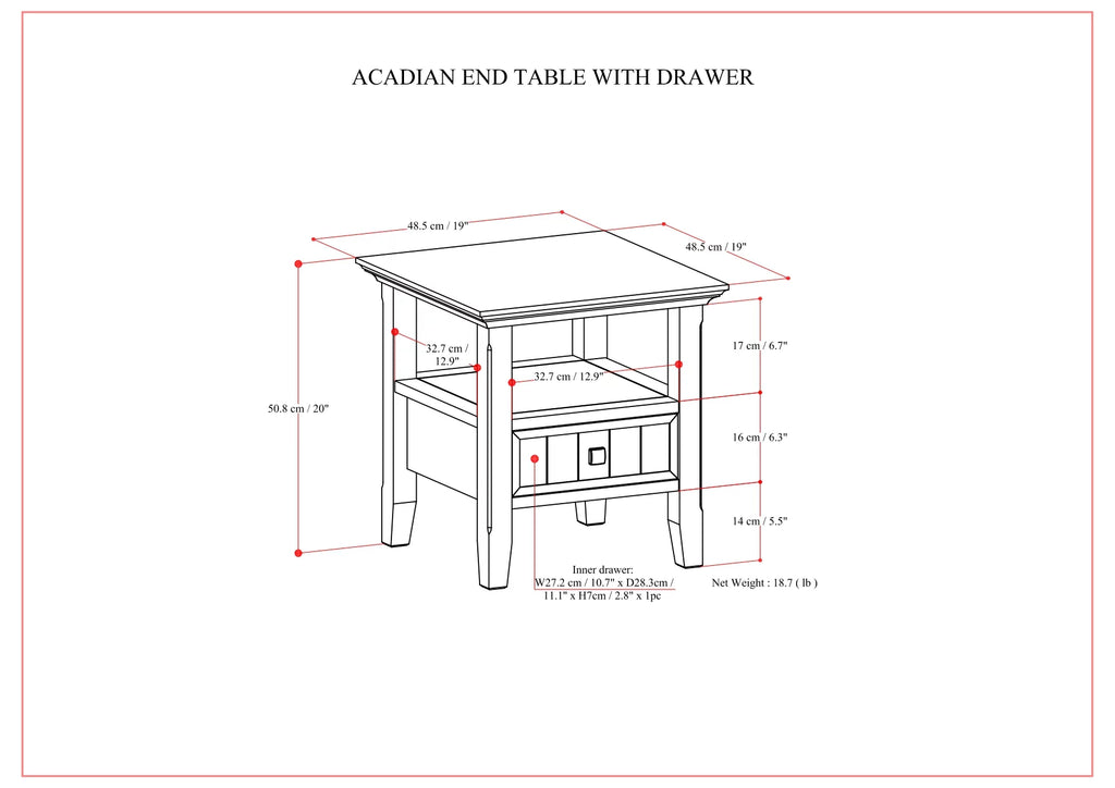 Solid Wood 19 inch Square End Table with Drawer E8920
