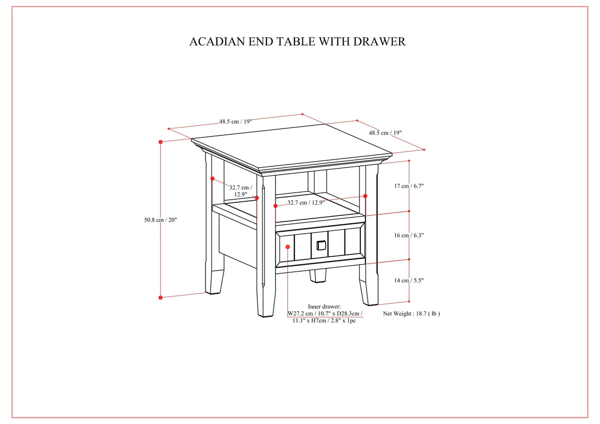 Solid Wood 19 inch Square End Table with Drawer E8920
