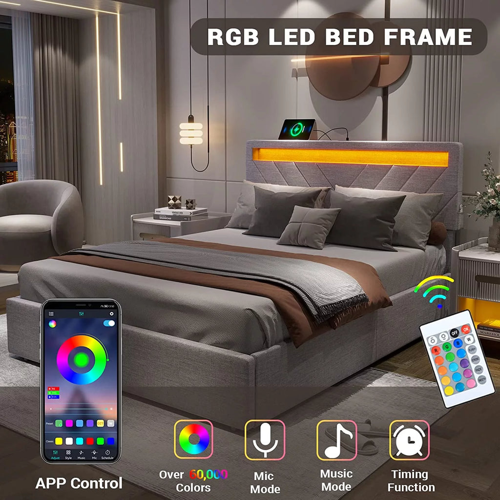 Full Bed Frame with LED Lights Headboard, USB Charging Station and 4 Drawers S969