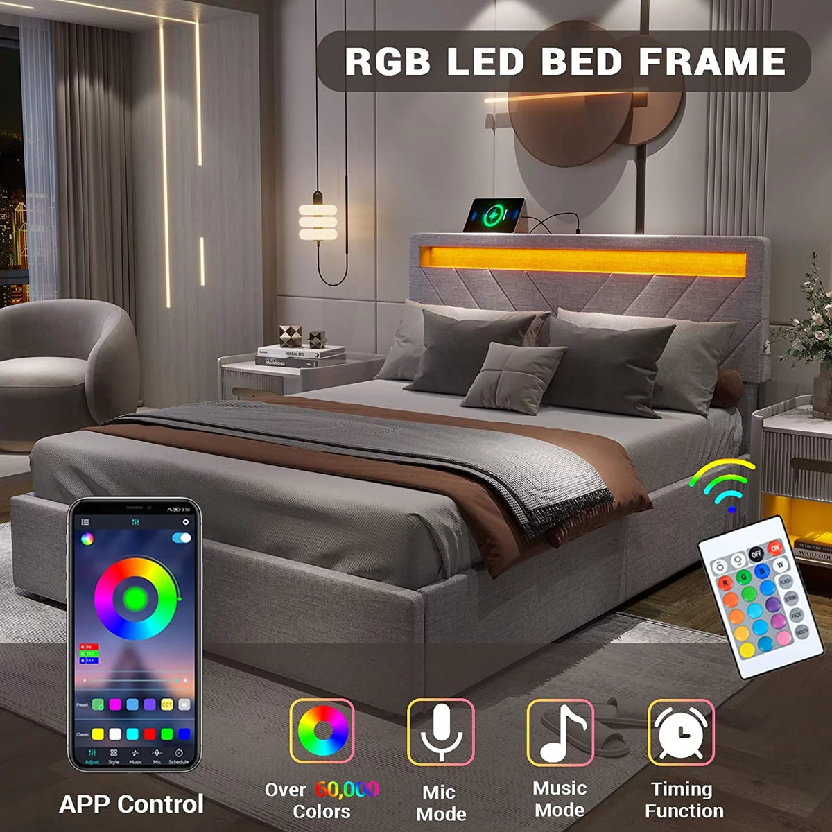 Full Bed Frame with LED Lights Headboard, USB Charging Station and 4 Drawers S969