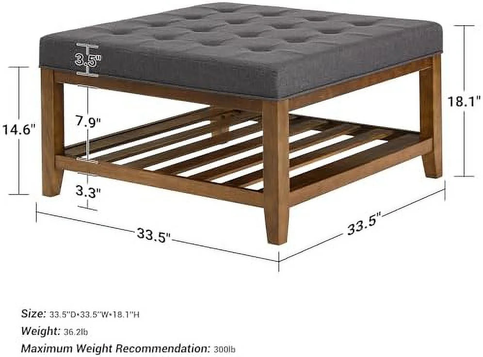 Square Ottoman Coffee Table with Button Tufted Upholstered Linen Wooden Stool Footrest Light Be S28720