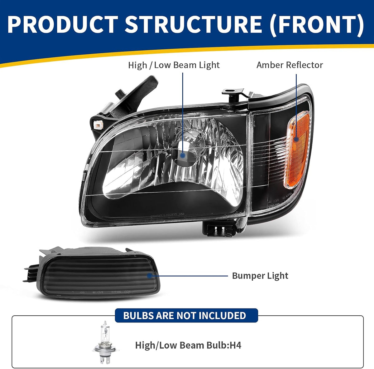 Headlight Assembly Replacement for Tacoma 2001-2004 Pickup Truck Black Housing Amber Reflector Clear Lens with Bumper Lights U9009