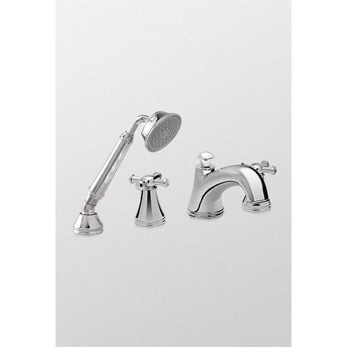 Brushed Nickel Deck-Mount Tub Filler Trim with Cross Handles and Handshower Z57625