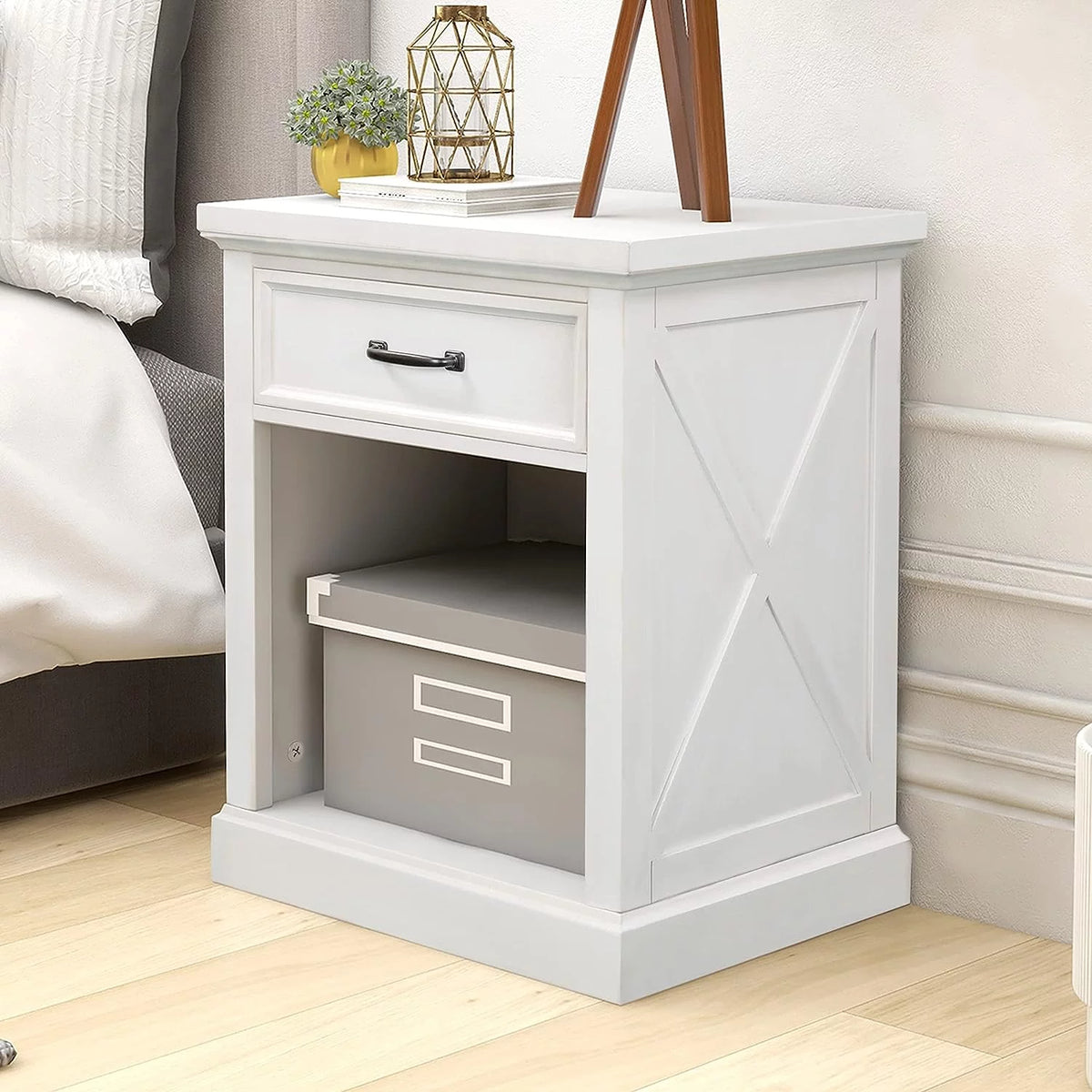 White 1 Drawer Solid Wood Nightstand K469