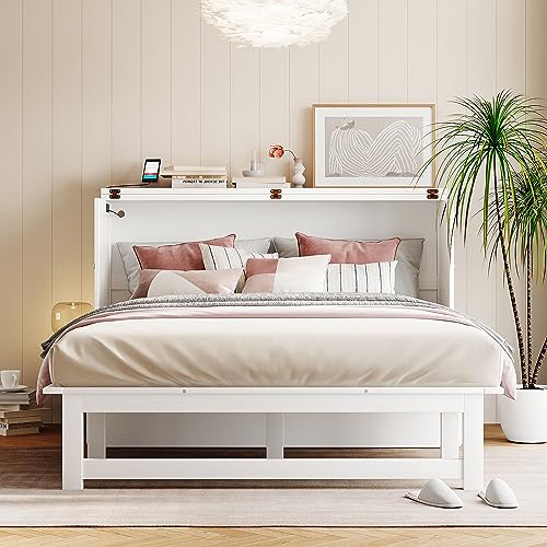 Queen Size Wood Murphy Bed with Bookcase and Storage Drawer W936290