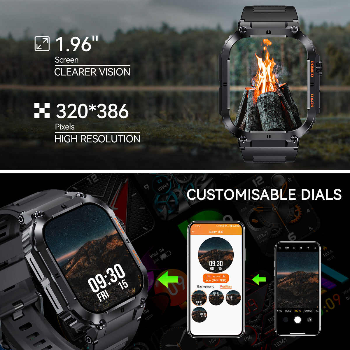 Rugged Tactical Smart Watch with 1.96'' HD Outdoor Fitness Tracker M367533