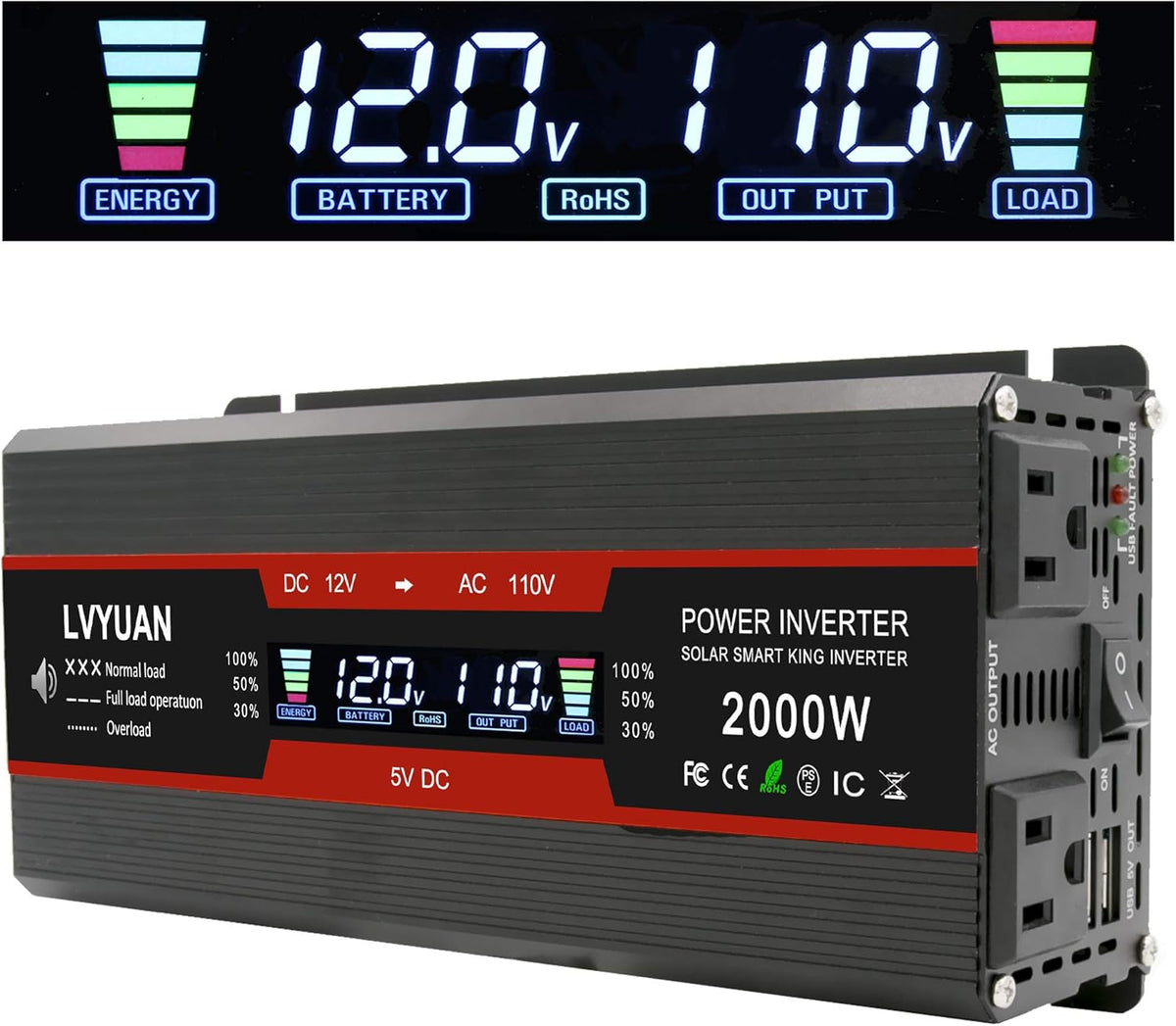 Car Power Inverter DC 12V to 110V AC Converter with LCD Display Dual AC Outlets Dual USB H270