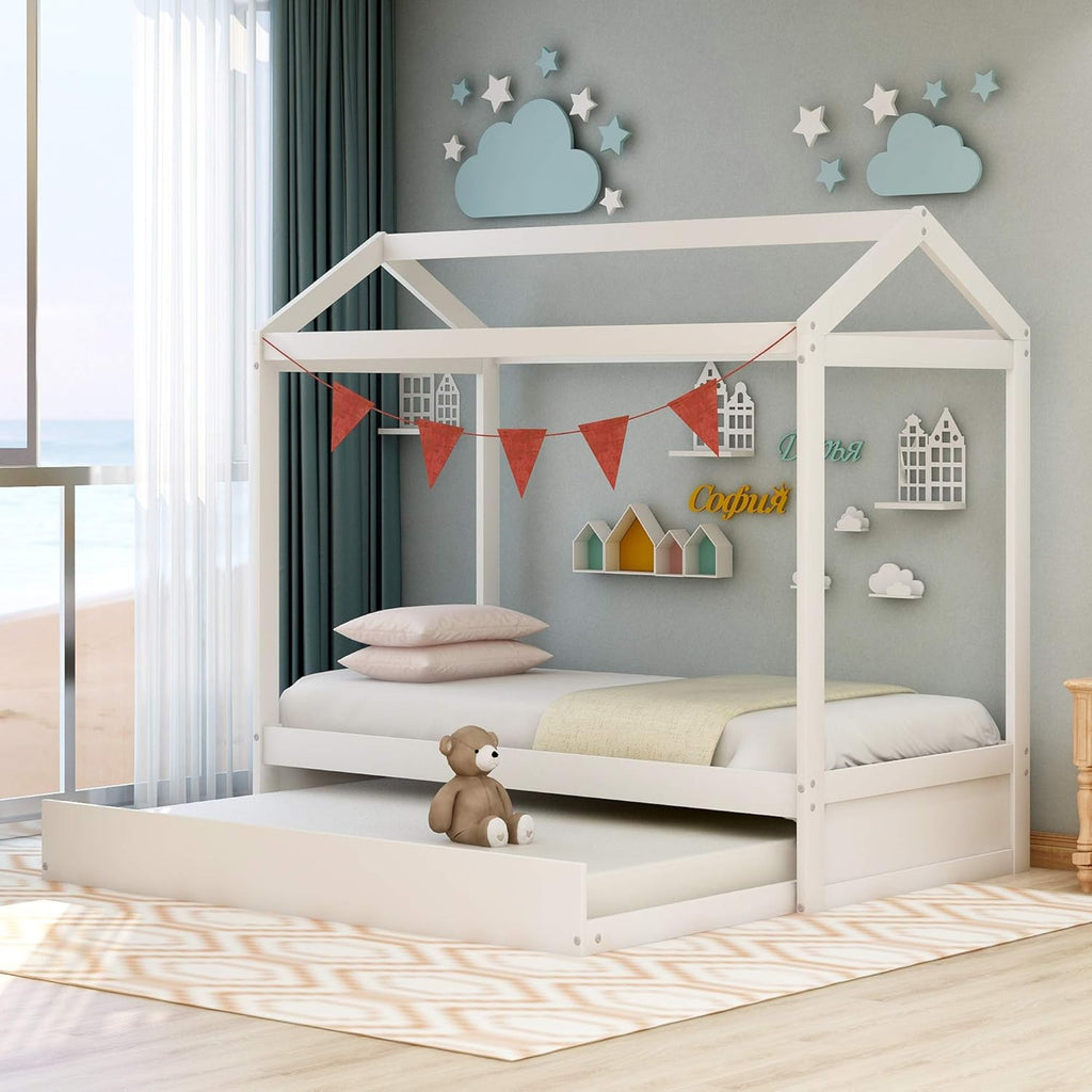 White Wood Twin Size House Bed Frame with Trundle K697995