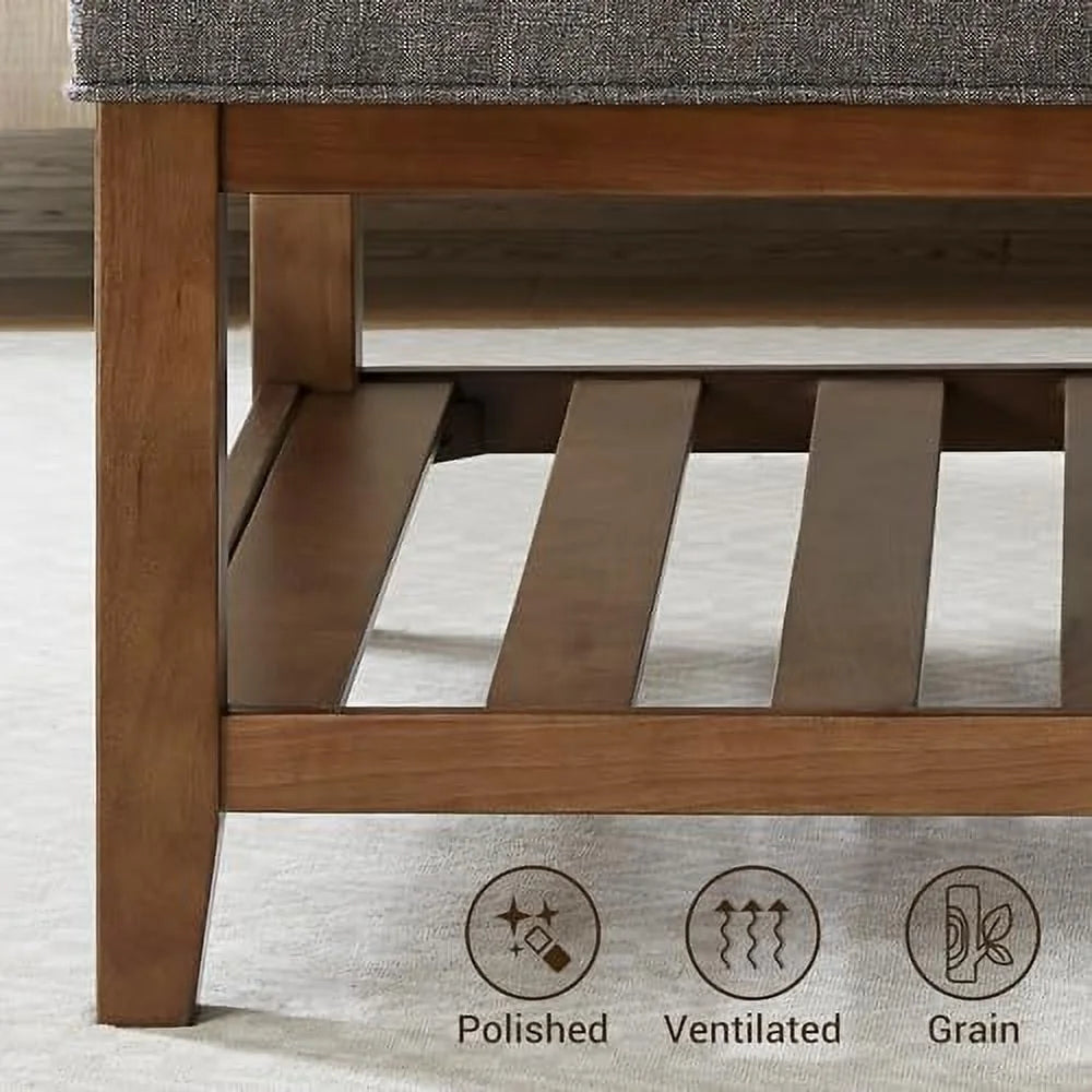 Square Ottoman Coffee Table with Button Tufted Upholstered Linen Wooden Stool Footrest Light Be S28720