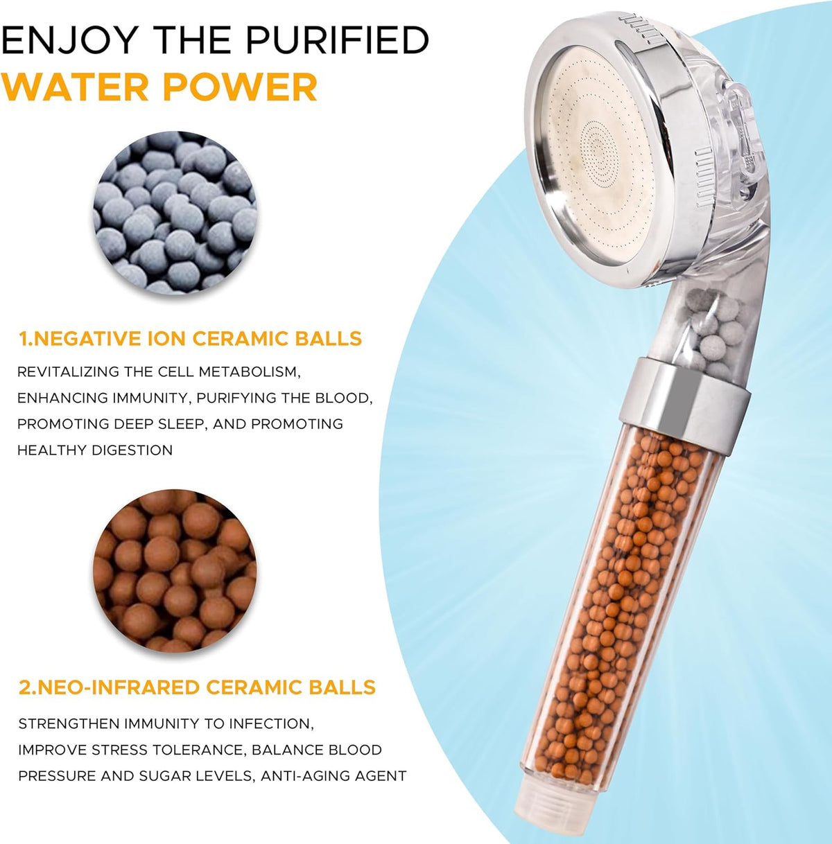 Shower Head with Triple Filtration Handheld Shower Head 3 Modes Adjustable Shower Head with Mineral Stones I4320