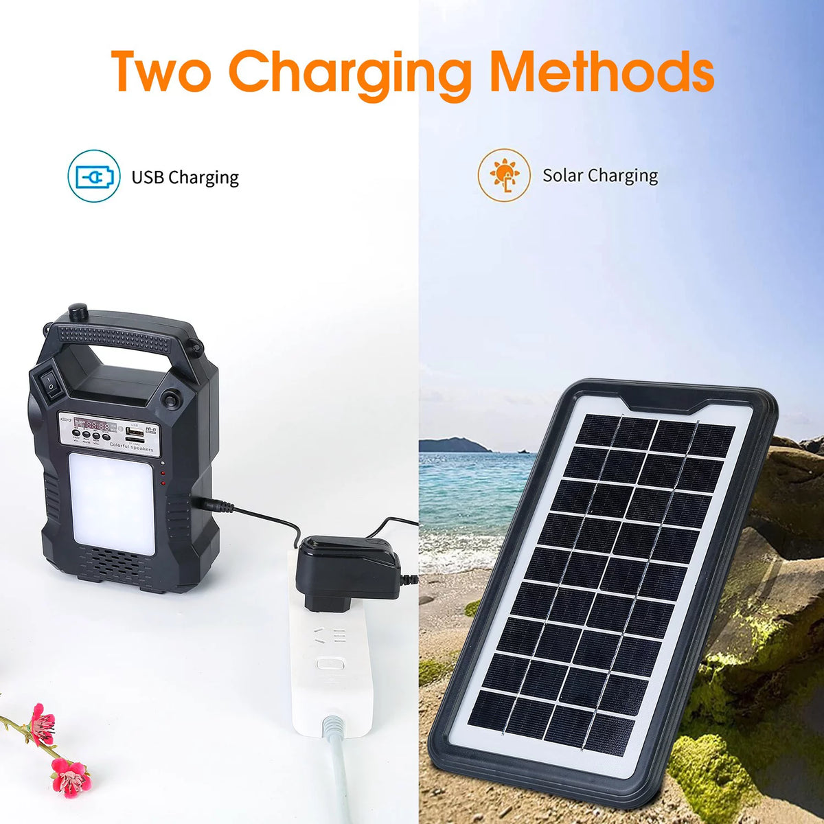Portable Solar Power Station Rechargeable Power Bank with Flashlight Black H5495