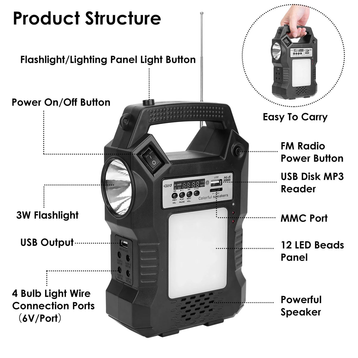 Portable Solar Power Station Rechargeable Power Bank with Flashlight Black H5495