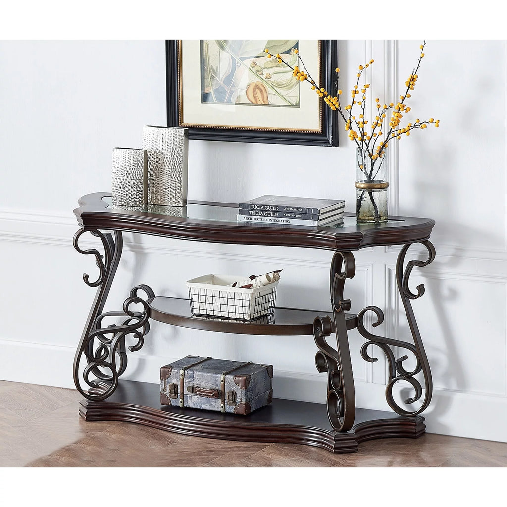 Sofa Table with Glass Table Top, Shelf, Metal Legs T6682