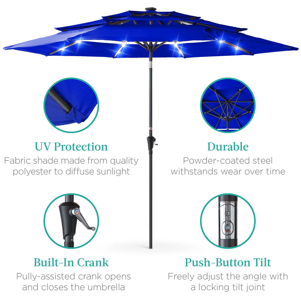 10ft 3-Tier Solar Patio Umbrella with 24 LED Lights X606766