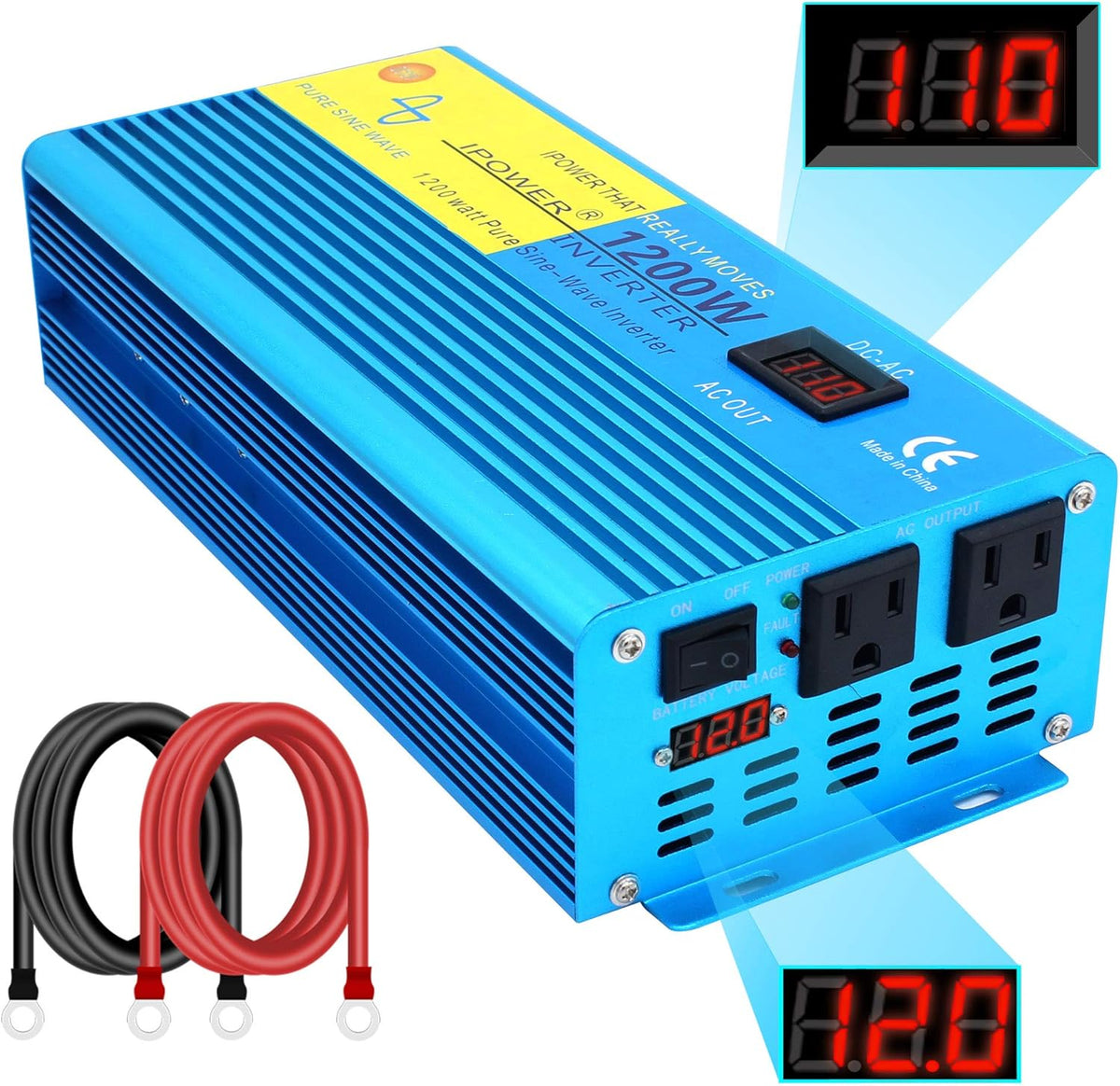 1200W Pure Sine Wave Power Inverter with 2 AC Outlets and LCD Display N787