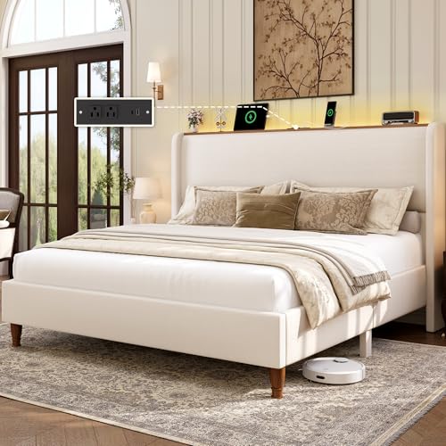Queen Size Linen Upholstered Platform Bed Frame with Storage Shelf O889
