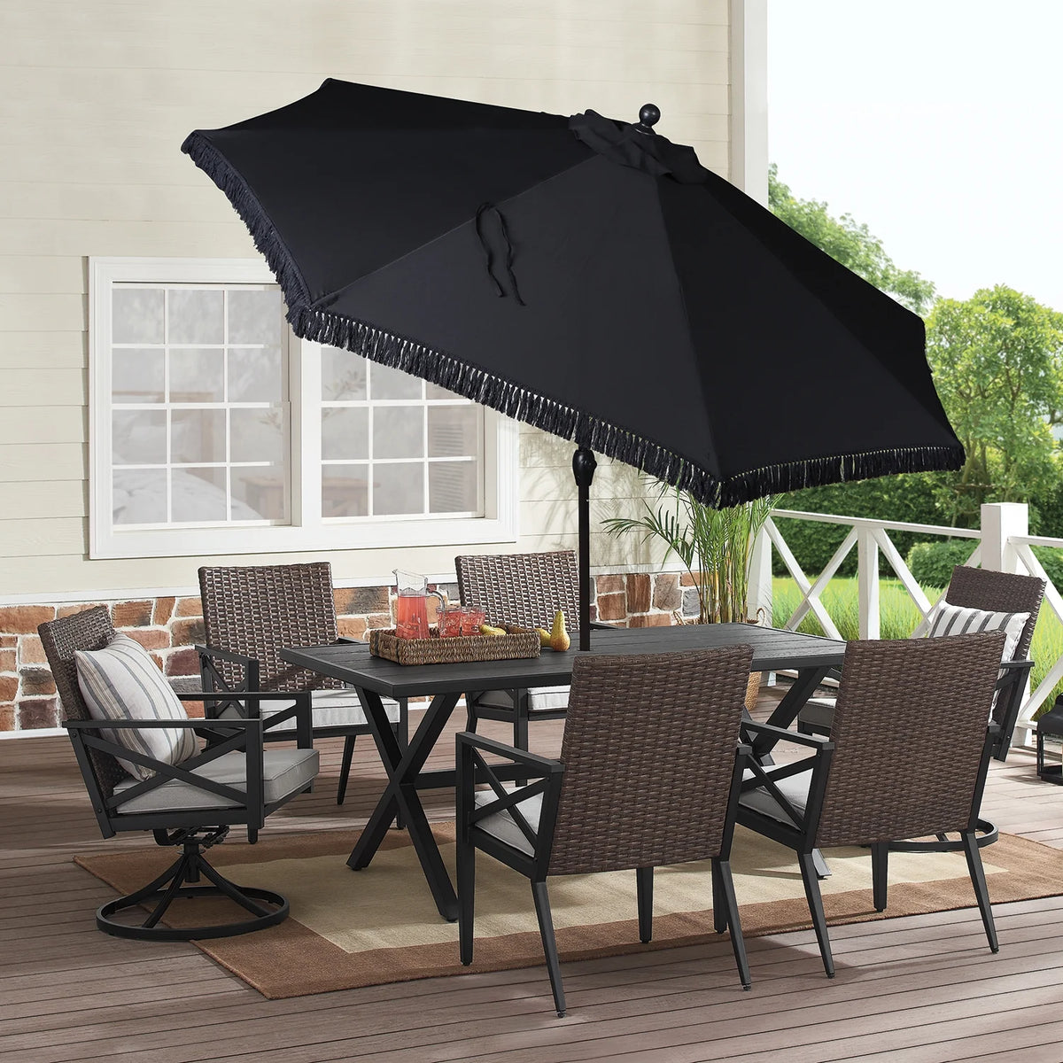9' Cream Fringe Round Crank Patio Umbrella W8379