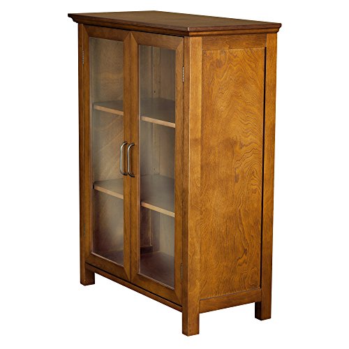 Oiled Oak Wooden Freestanding Floor Cabinet with 2 Adjustable Shelves and 2 Glass Paneled Doors U2275