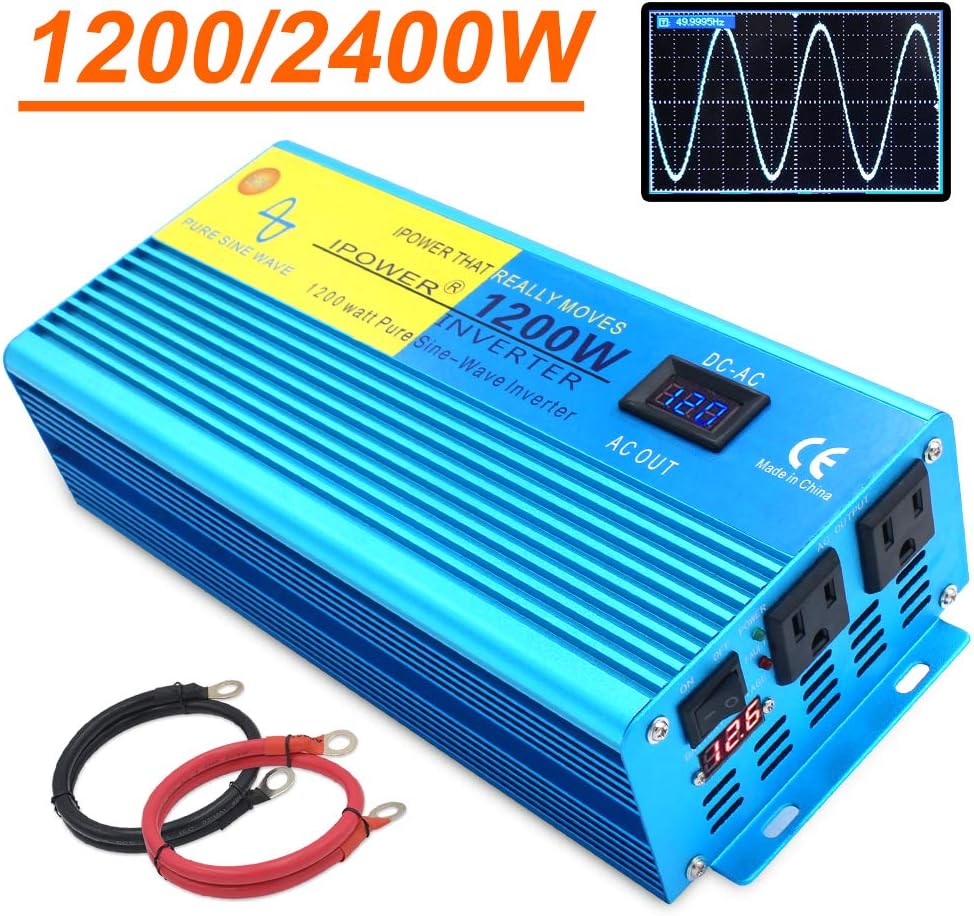 1200W Pure Sine Wave Power Inverter with 2 AC Outlets and LCD Display N787