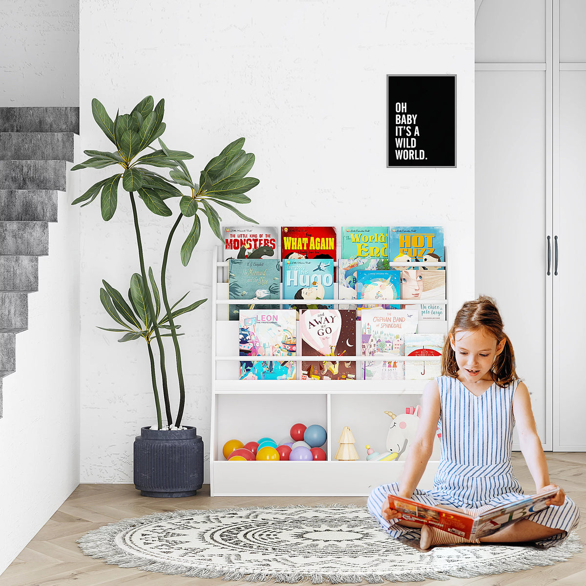 White Wooden Kids Bookshelf and Toy Storage Cabinet W78317