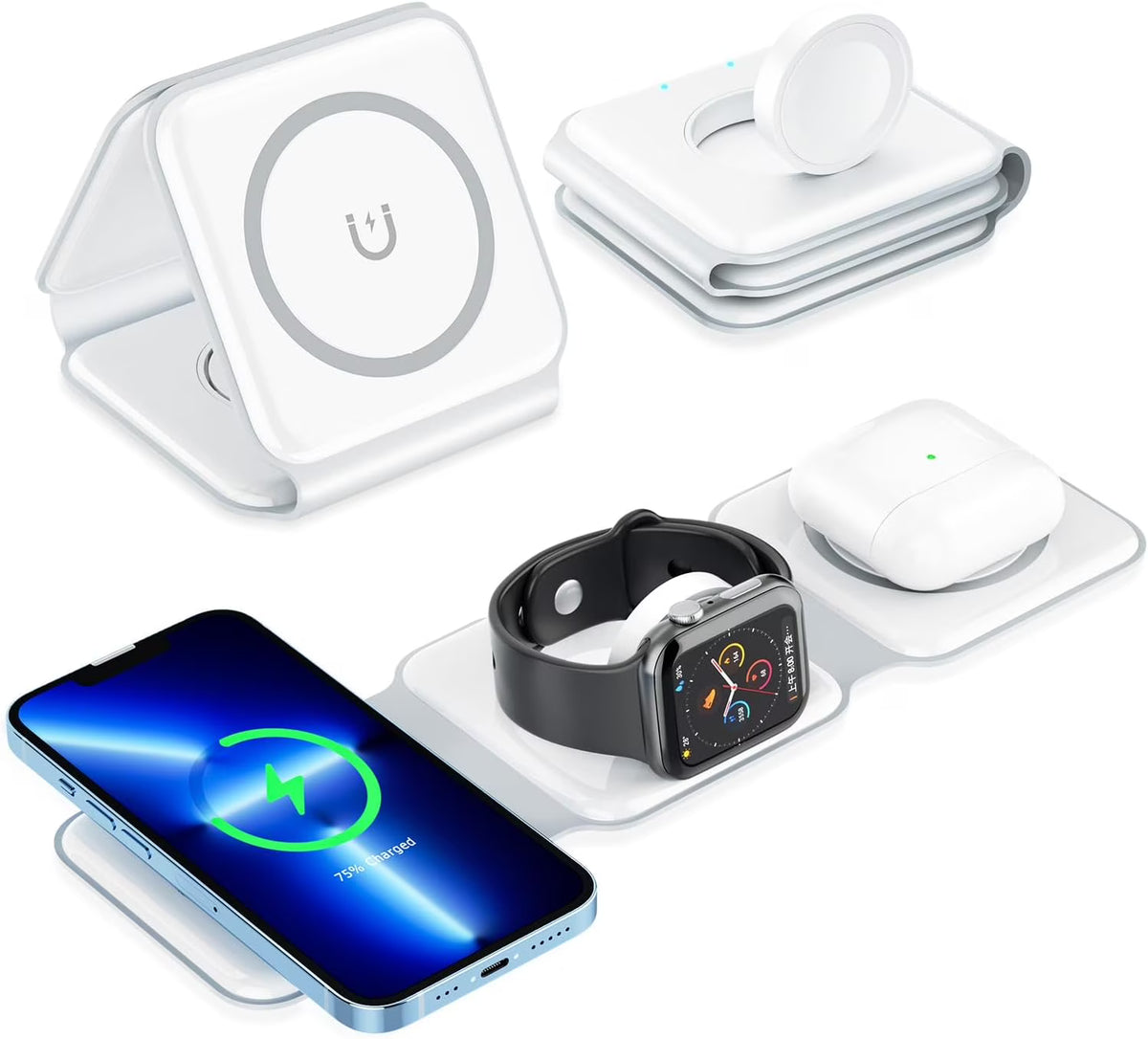 3 in 1 Magnetic Wireless Charging Stand with Cable for iPhone AirPods iWatch Android, White S131