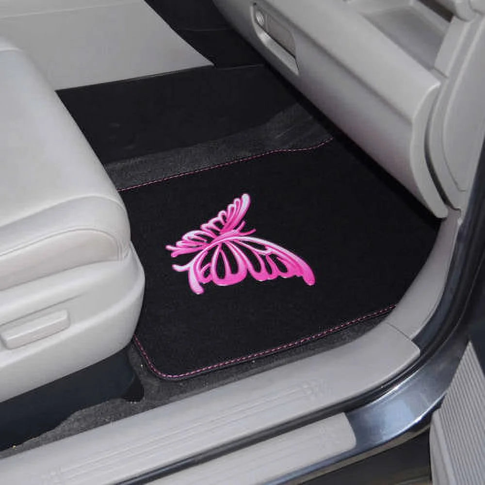 Pink Butterfly Design Carpet Car Floor Mats Full Set with Rubber Backing C1952