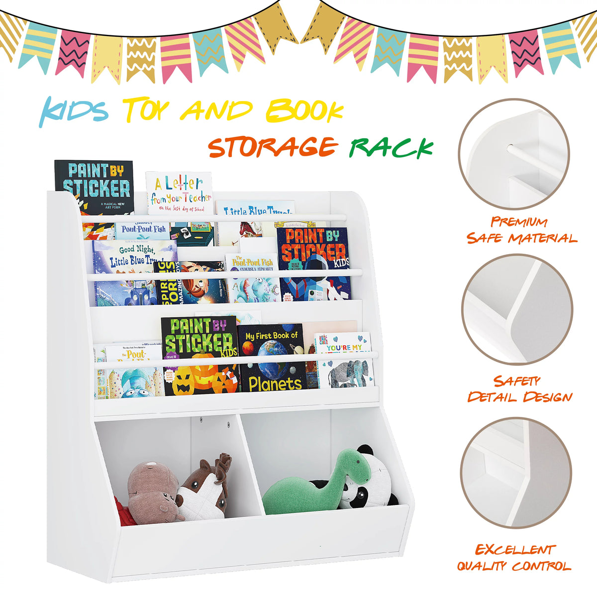 White Wooden Kids Bookshelf and Toy Storage Cabinet W78317
